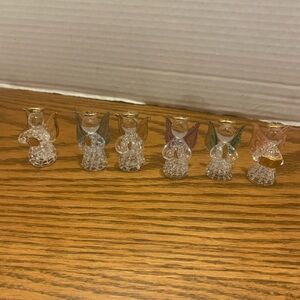 Set of 6 Glass Angel Figurines with Colored Wings and Gold Trim